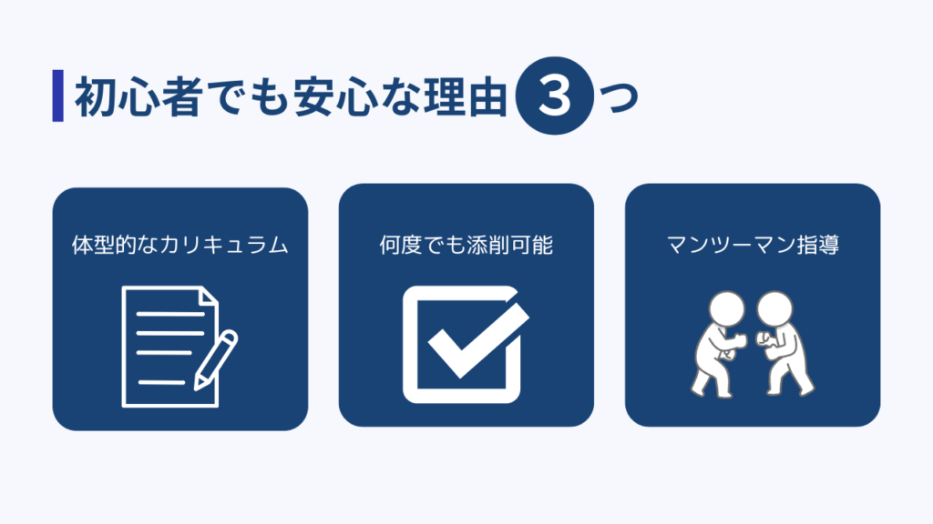 初心者でも安心な理由3つ
・体型的なカリキュラム
・何度でも添削可能
・マンツーマン指導